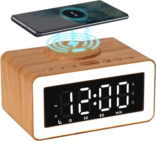 Vista 7 de Reloj despertador de madera con altavoz Bluetooth con carga inalámbrica, atenuador de brillo ajustable 0-100%, 2 alarmas, repetición de 9 minutos