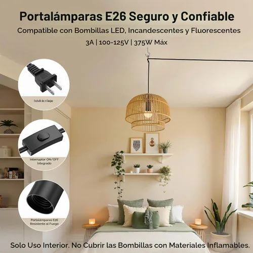 Vista 3 de Cable Matters Paquete de 2 cables de luz colgantes con interruptor, 8 pies, color negro