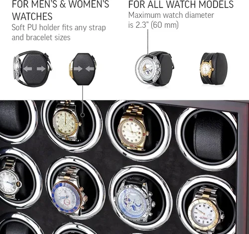 Vista 6 de Enrollador de reloj para 16 relojes automáticos con retroiluminación LED y control de pantalla táctil LCD, Ébano + Negro, Enrolladores de reloj