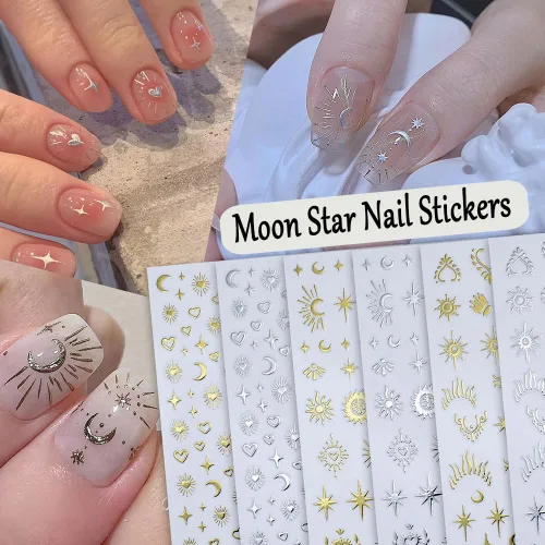 Vista 3 de 12pcs Aurora Plata Estrella Luna Nail Art Pegatinas 3D para las Mujeres Oro Rosa Sol Corazón Calcomanías de Diseño Láser Suministros
