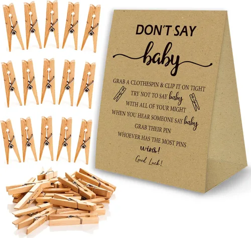 Vista 6 de Juego de pinzas para la ropa de baby shower, un cartel de papel recubierto de 5 x 7 pulgadas y 50 pinzas naturales para la ropa, baby shower