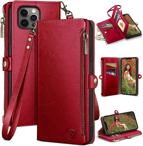 Vista 9 de XcaseBar Funda tipo cartera compatible con iPhone 13 Pro de 6.1 pulgadas con cremallera y tarjetero de crédito con bloqueo RFID, funda de piel