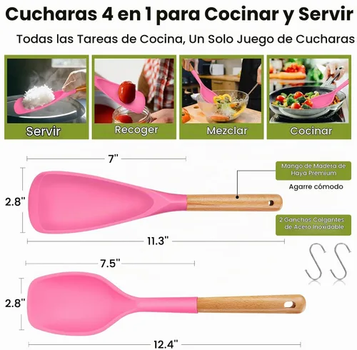 Vista 4 de Juego de cucharas de cocina de silicona grandes, 2 cucharas de servir resistentes al calor, espátula antiadherente multifunción para mezclar Berry