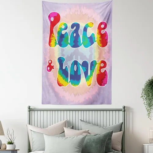 Vista 5 de Ambesonne Tapiz Groovy, texto de paz y amor en patrón de efecto teñido anudado, enérgico, juvenil, divertido hippie de los años 60 y 70, decoración