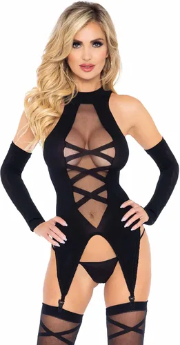 Vista 2 de Leg Avenue Conjunto de lencería con guantes sin dedos para mujer