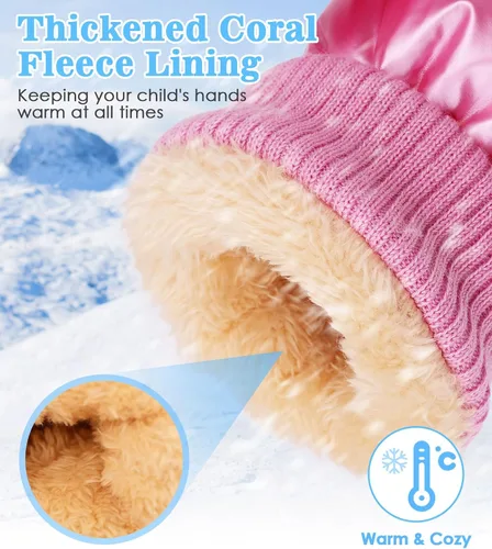 Vista 2 de MoKo Guantes de nieve para niños pequeños, guantes cálidos de forro polar coral para niños con hebillas de unión, guantes de esquí impermeables