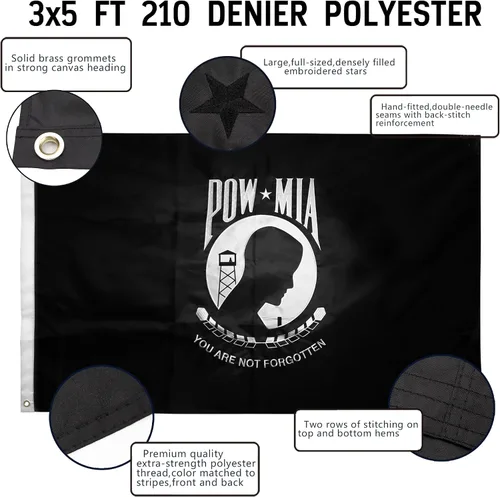 Vista 2 de Anley EverStrong Series - Bandera bordada Pow Mia de 3 x 5 pies, cabecera de lona bordada y resistente, 4 filas de costuras de cerradura, bandera