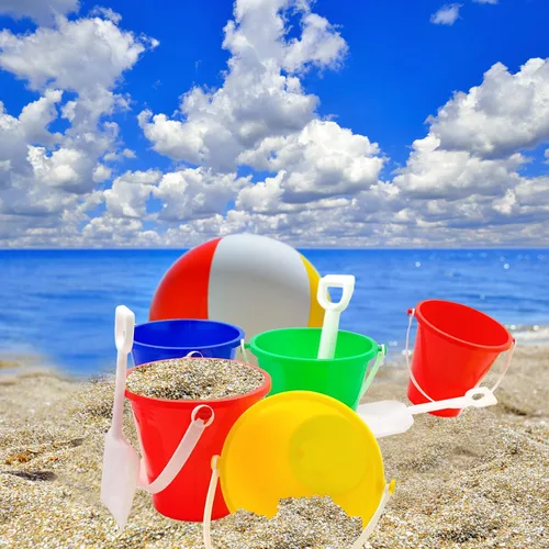 Vista 2 de The Dreidel Company Juego de juego para el día de playa, (paquete de 3) cubo de arena de 5.25 pulgadas, caja de juego incluida, cubo y pala