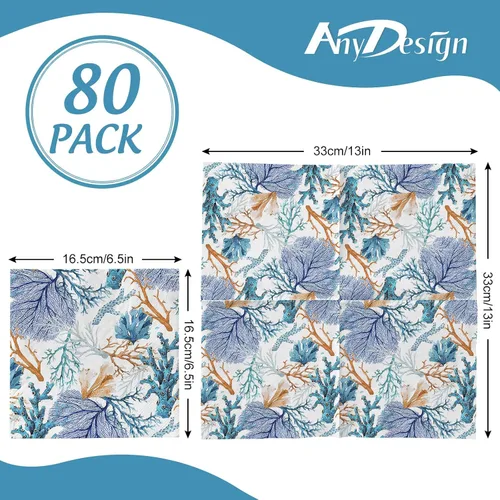 Vista 2 de AnyDesign Paquete de 80 servilletas de almuerzo de verano, estampado de coral océano, servilletas de papel desechables, servilletas de papel