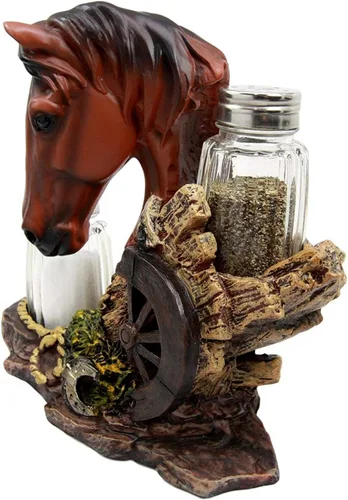 Vista 5 de Ebros Country - Juego de figuras de caballo de semental marrón castaño occidental por Farm Wagon Wheel Lasso Herraduras Salero y Pimentero Estatua
