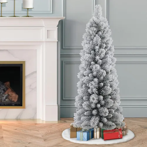 Vista 5 de Puleo International Árbol de Navidad artificial de lápiz flocado de 4.5 pies con soporte, verde, (TFP8305-45)