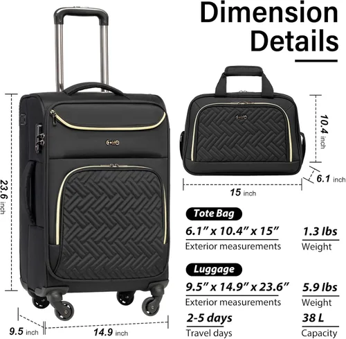 Vista 7 de Coolife Maleta de equipaje de mano con ruedas Softside Bolsa de viaje ligera con ruedas, Negro