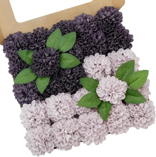 Vista 19 de Flores artificiales, 25 piezas, rosas artificiales realistas para ramos de novia, centros de mesa, arreglos, flores de Dalia negras con tallo