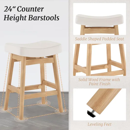 Vista 5 de Cozyman Juego de 3 Taburetes de Bar, Taburetes de Bar con Patas de Madera Resistentes, Taburetes de Bar de Altura de Mostrador con Asiento Tipo Beige