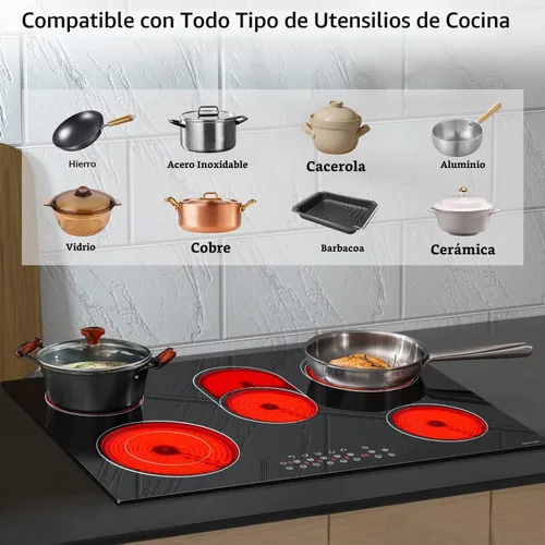 Vista 4 de Noxton Estufa eléctrica de 30 pulgadas, 5 quemadores, estufa eléctrica de cerámica radiante integrada con control táctil de sensor, bloqueo