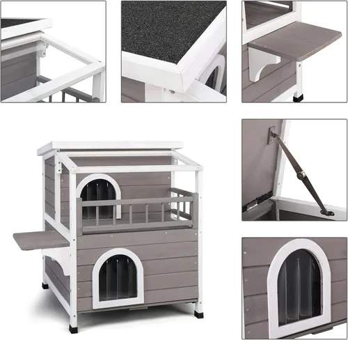 Vista 5 de Casa para gatos de 2 pisos con balcón grande, condominio interior para gatos al aire libre, hogar de madera para gatos