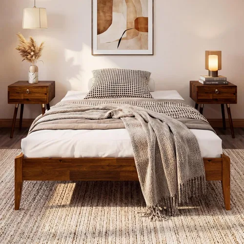 Vista 23 de Bme Dinkee - Marco de cama de plataforma Queen de madera de 15 pulgadas, marco de cama de madera maciza, estilo moderno y minimalista, soporte de 12