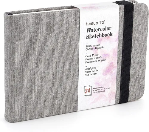 Vista 9 de tumuarta Cuaderno de bocetos de acuarela, 140 libras, 300 GSM, papel 100% algodón, prensa en frío, 24 hojas, 48 páginas, diario de acuarela para uso