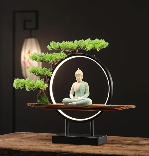 Vista 4 de Houlu Estatua de Buda verde con árbol artificial verde y lámpara de mesa circular LED, estatuas de Buda de cerámica para interiores para decoración