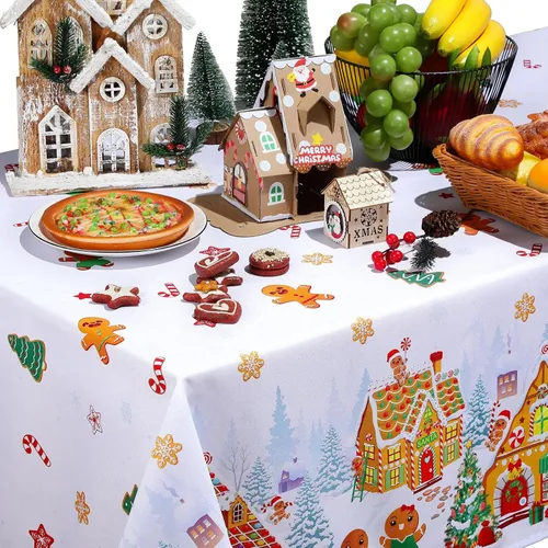 Vista 4 de Tiamon - Mantel de Navidad de jengibre de 52 x 70 pulgadas, mantel reutilizable de hombre de jengibre, mantel de árbol de Navidad de poliéster