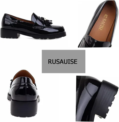 Vista 2 de RUSAUISE Mocasines gruesos de piel de charol para mujer, mocasines casuales con plataforma