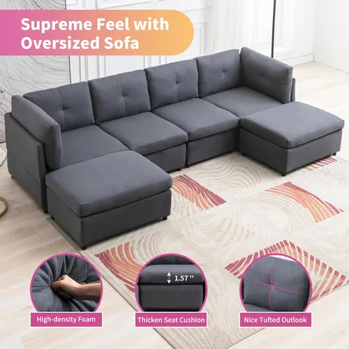 Vista 4 de Sofá modular seccional, sofá convertible en forma de U con otomanas extraíbles, diseño capitoné, sofá modular de 6 asientos para sala de estar, gris