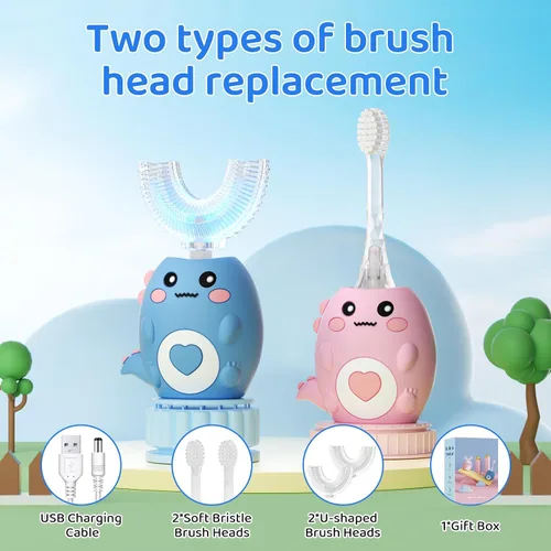 Vista 4 de Cepillo de dientes eléctrico en forma de U para niños, con 3 modos de limpieza, con 4 cabezales de cepillo, cepillo de dientes automático sónico
