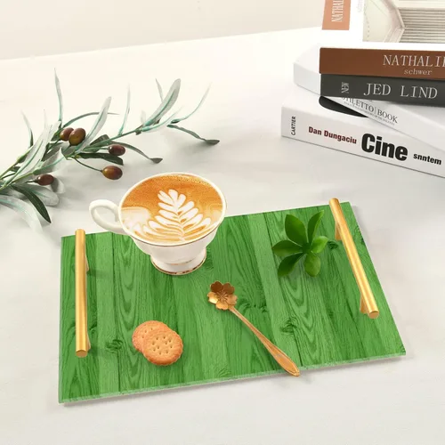 Vista 6 de Bandeja decorativa de barra con textura de madera verde a rayas con asas, bandeja de cama de desayuno para joyería, perfume para sofá, bandejas
