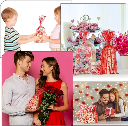 Vista 7 de Bolsas de dulces de San Valentín, 200 piezas de bolsas de celofán de San Valentín, bolsas de plástico transparente rojo para dulces, galletas