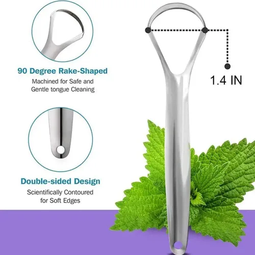 Vista 4 de Raspador de lengua de acero inoxidable, raspador de lengua de metal para adultos, cepillo de lengua reutilizable y ecológico, limpiador de lengua