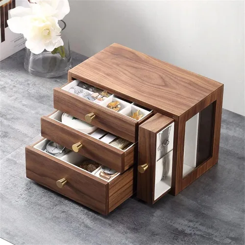 Vista 5 de TREXD - Caja organizadora de joyería de madera para cajones, aretes, anillos, pulseras, collares, joyas