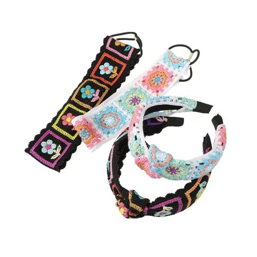 Vista 6 de LIANXUE Diadema de punto floral para mujer, turbante elástico, floral, ganchillo, cuadrado, estilo étnico, diadema envolvente para la cabeza