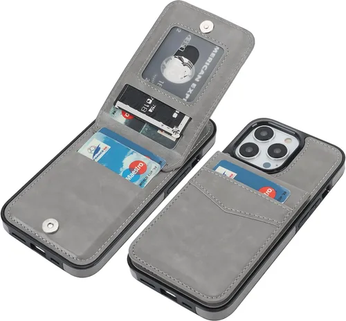 Vista 13 de KIHUWEY Funda tipo cartera para iPhone 13 Pro con soporte para tarjetas Negro