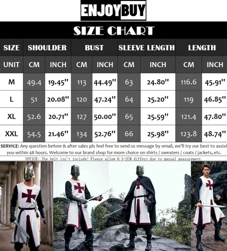 Vista 6 de Enjoybuy Túnica medieval para hombre, disfraz de caballeros templarios de los cruzados, renacentista, Halloween, guerrero, capa negra de la peste