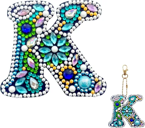 Vista 14 de YOYA Llavero de pintura de diamante de doble cara 5D, taladro completo A-Z, 26 letras de la A a la Z, kit de llaveros de arte de diamantes con gemas
