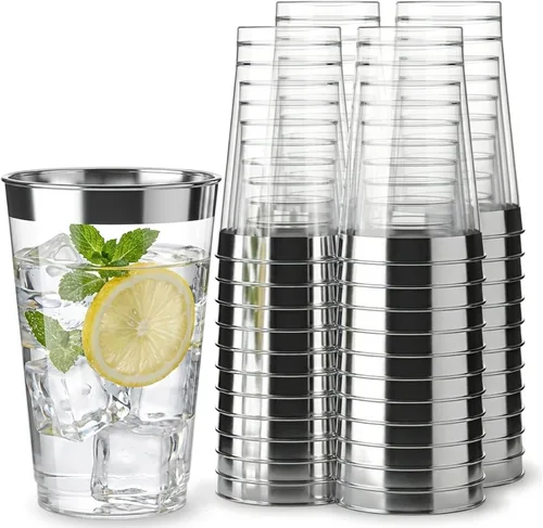 Vista 9 de Byvivace Vasos de plástico transparente de 12 onzas con borde dorado, resistentes y aptos para alimentos, desechables, copas de vino, copas de boda
