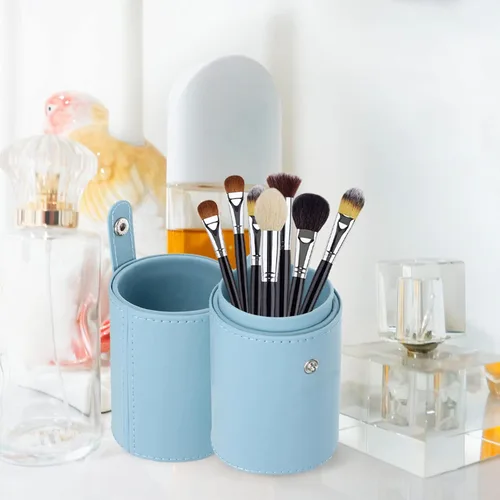 Vista 4 de FOMIYES Soporte para brochas de maquillaje con tapa, estuche de viaje para brochas de viaje, bolsa de piel sintética, organizador de cosméticos