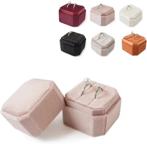 Vista 4 de Caja de terciopelo con 2 ranuras para joyería, caja de compromiso, boda, caja de recuerdo, anillo de foto nupcial, octágono de doble ranura