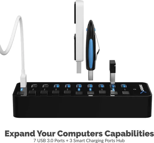 Vista 3 de Hub USB 3.0 de 10 puertos incluye 3 puertos de carga inteligente con interruptores de alimentación individuales y LED y adaptador de corriente de 60
