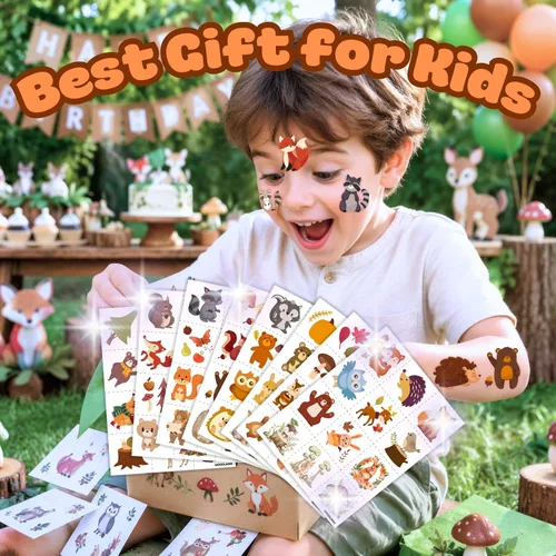 Vista 3 de 96 tatuajes temporales precortados de animales del bosque para niños, bonitos recuerdos de fiesta con temática forestal, perfectos para fiestas