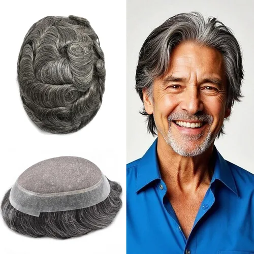 Vista 57 de Toupee para hombres Piezas de pelo fino mono para hombre Toupee sistema de reemplazo de pelo para hombres línea capilar natural para hombre postizo