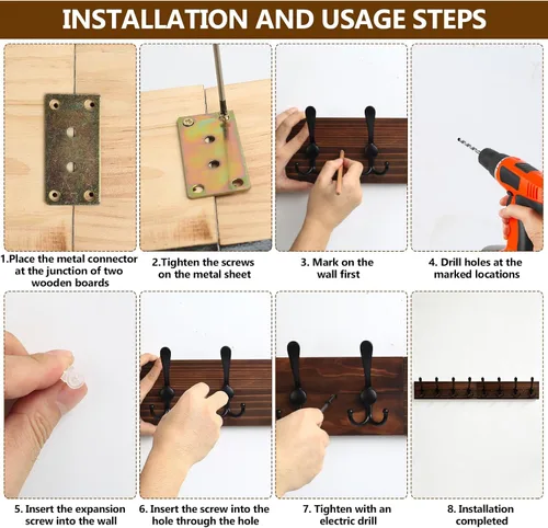 Vista 4 de Perchero de Pared para Montar en Pared, Perchero de Madera Resistente para Pared, 8 Ganchos de Perchero Triple para Colgar Abrigos, Chaquetas, Marrón
