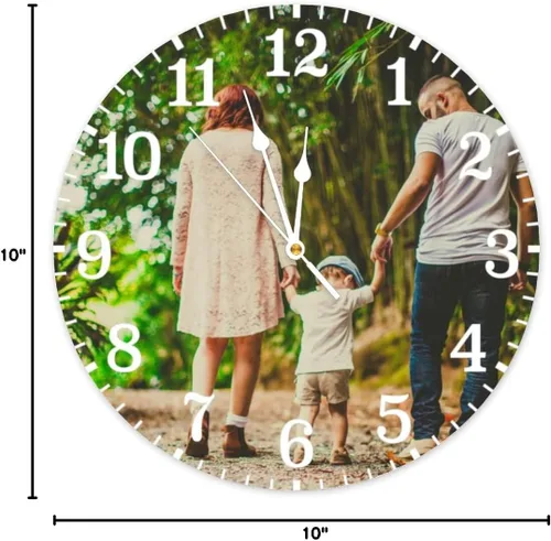 Vista 8 de Reloj de madera redondo personalizado para colgar con foto, imagen, texto, logotipo, regalo para familiares, amigos, granja, arte de pared, rústico