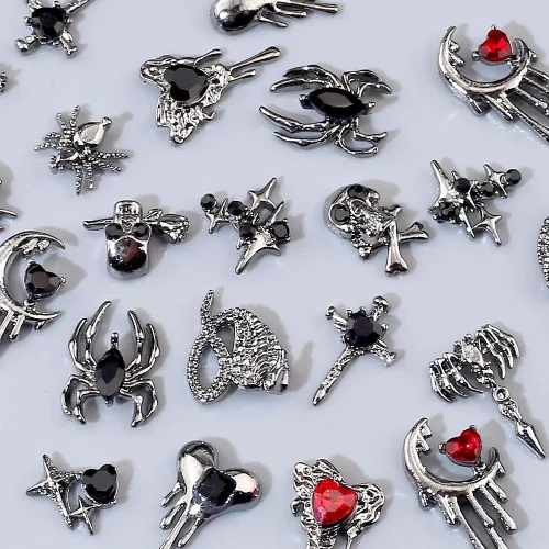 Vista 7 de 30 dijes de uñas de Halloween para uñas acrílicas, 3D, dijes de Halloween para uñas, cruz, estrella, luna, corazón, araña, cráneo, diseños de uñas
