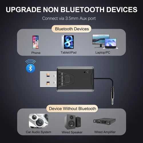 Vista 2 de Adaptador USB Bluetooth 5.4 para automóvil, receptor de música Bluetooth Plug & Play, kit de conector auxiliar de 0.138 in para automóvil, micrófono