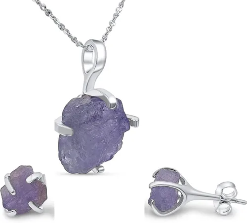 Vista 144 de Juego de joyas de piedras preciosas crudas reales con plata de ley 925 chapada en oro real, collar y aretes de piedra natal, regalo para ella por