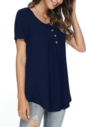 Vista 2 de Aodemo Blusa de verano Henley con cuello en V y botones para mujer, ajuste holgado, manga cortasin mangas