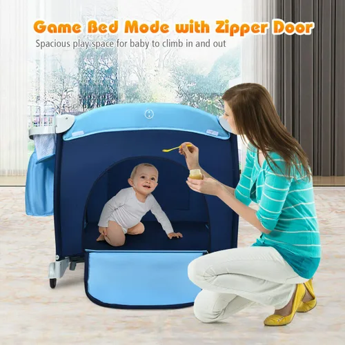 Vista 4 de HONEY JOY Empaca y juega con moisés, 4 en 1 portátil para bebé con cambiador, red y juguetes lindos, bolsa de almacenamiento de pañales, caja de Azul
