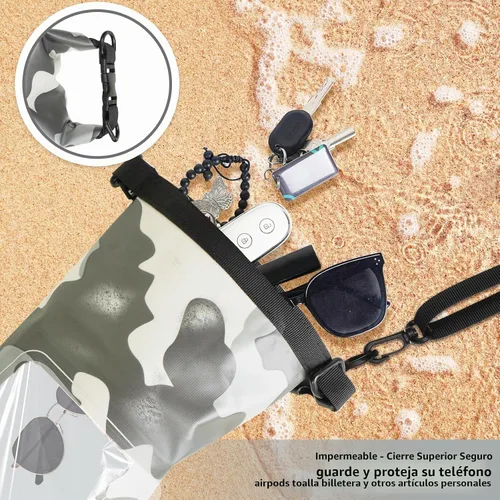 Vista 5 de Bolsa impermeable IP68, 2L - Bolsa impermeable para piscina con tapa enrollable, bolsas secas para kayak impermeables con bolsa para teléfono, bolsa