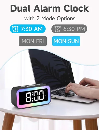 Vista 4 de Cadmos Reloj despertador fuerte para dormitorios con luz nocturna RGB dinámica, para adultos que duermen profundamente, doble alarma, atenuador